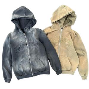 Sweats à capuche zippés délavés à l'acide pour hommes avec logo personnalisé OEM pull à capuche vintage pour hommes Blank 300 GSM Fleece Plain Dyed Winter - Product Image 1