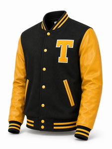 Chaqueta Varsity Unisex Negra con Parches Dorados, Diseño Frontal con Letra T Bordada, Mangas de Lana/Poliéster, Estilo Preppy, Ropa Urbana de Invierno - Product Image 1