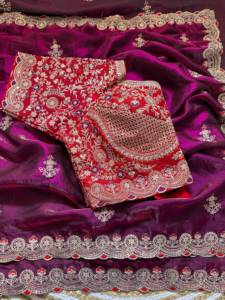 Sari en soie premium avec broderie multi-sequins sur toute la surface, bordure inspirée de Sabyasachi, et chemisier contrastant lourd. - Product Image 1