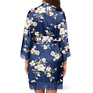 Women Elegant Floral Lace Robe <b>Satin</b> Kimono Bridal Sleepwear Sheer Lingerie Wedding Dressing Gown - Product Image 4