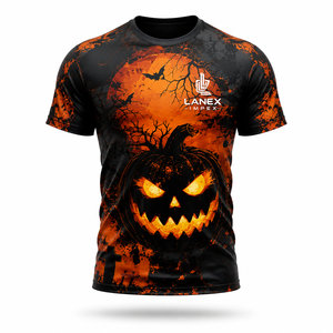 T-shirt personnalisé pour homme Halloween, noir et orange, motif citrouille et maison hantée, impression numérique 3D par sublimation, décontracté, manches courtes - Product Image 2