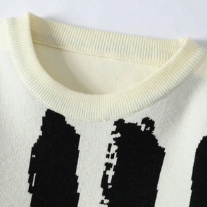 Pull en tricot à col rond pour femme, couleur crème, avec impression de lettres noires, coupe classique, vêtements décontractés d'automne - Product Image 4
