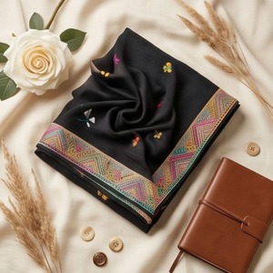 Sari de Algodón Negro con Trabajo de Espejos y Pompones, Estilo Banarasi Indio Bollywood, para Fiestas, Precio Bajo, Material Modal Organza - Product Image 5