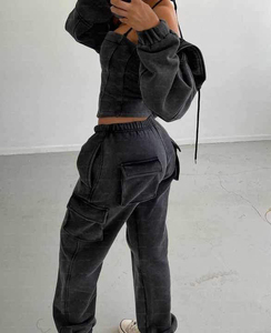 Unisex 3Piece Cotton French Terry Sports Cargo Sweatpants Hoodie Pant Set Embroidery Acid Wash <b>Sweatshirt</b> - Product Image 4