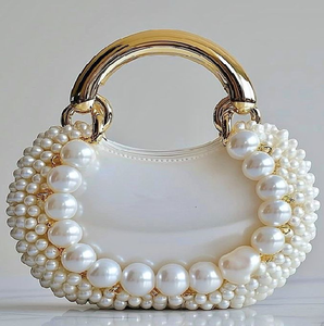 Shimmering gold geometric crystal box clutch with a long chain strap and pearl top. Luxe, available at wholesale prices. - Product Image 2
