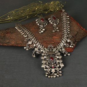 Traditional Brass Antique Silver Plated Bohemian Engagement Wedding Gift Necklace Set with <b>Garnet</b> & Matching <b>Earrings</b> - Product Image 5
