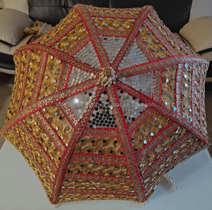 Parapluie indien traditionnel fait main en soie Gota Patti, design Art Déco, pliable, 24 pouces, poignée en métal, ouverture manuelle - Product Image 3