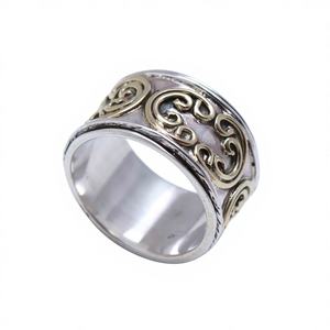 Anillo giratorio bohemio de plata de ley 925 con engaste de bisel, bicolor, para alivio de la ansiedad, meditación, compromiso, boda, fiesta, joyería fina - Product Image 1