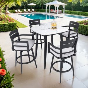 Set Bar da Esterno Moderno 5 Pezzi Nero Ember con Tavolo Quadrato Arrotondato in Pietra Sinterizzata e 4 Sedie Girevoli con Telaio in Alluminio Antiruggine - Product Image 1