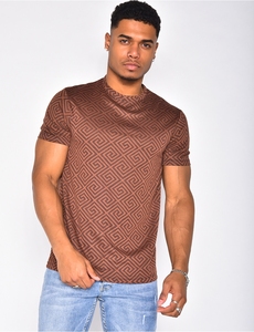 Chemise décontractée à manches courtes en tricot à motif géométrique marron pour homme, respirante, idéale pour l'été - Product Image 3