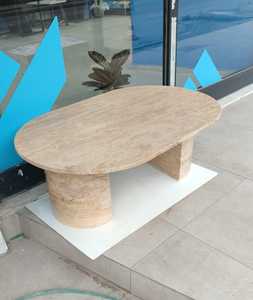 Mesa de Centro Ovalada de Travertino, Pedestal de Piedra Natural Cortado a Mano, Muebles Rústicos de Lujo para Sala de Estar - Product Image 1