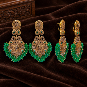 Boucles d'oreilles pendantes en filigrane plaqué or antique avec perles vertes, bijoux artificiels pour mariage pakistanais, fabrication en gros - Product Image 2