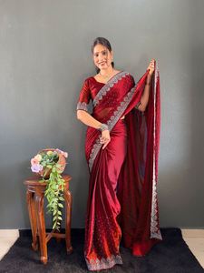 Saris en Soie et Coton Prêts à Porter – Nouveauté Ethnique RANGOLI en Soie avec Broderie Swarovski et Blouse Non Cousue 79660 - Product Image 3