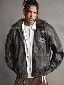 Veste en cuir streetwear pour homme, personnalisable avec logo OEM, respirante, col roulé en toile, mode, vente en gros, prix abordable - Product Image 2