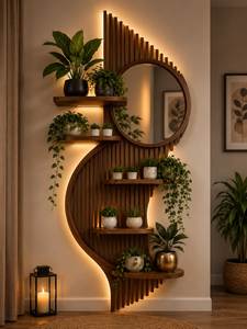 Ensemble d'étagères murales décoratives en bois modernes pour l'agencement des plantes, avec miroir rond et panneau cannelé, pour la décoration intérieure et les cadeaux de pendaison de crémaillère - Product Image 3