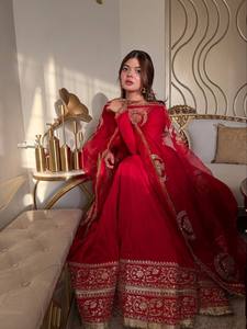 Deep <b>red</b> chinon <b>silk</b> gown with 5mm sequence zari work lace flair v neck pant with latkan lace dupatta premium star georgette - Product Image 4