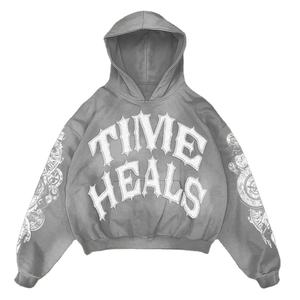 Sweat à capuche personnalisé avec patchs usés, streetwear vintage, délavé au soleil, délavé à l'acide, sweat à capuche pour hommes, surdimensionné, épaules tombantes, streetwear - Product Image 1