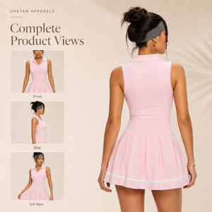 Vestido de tenis sin mangas de poliéster para mujer, con cremallera frontal, cuello rosa suave con solapa en contraste, falda plisada, estilo deportivo ajustado. - Product Image 4