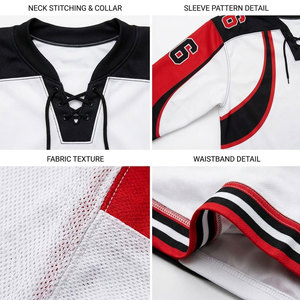 Conjunto de Jersey de Hockey sobre Hielo Blanco, Rojo y Negro con Estampado Sublimado, Absorbente de Humedad, Manga Larga, Uniforme de Hockey sobre Hielo para Hombre Adulto - Product Image 6