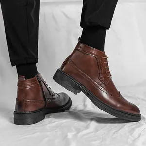New Fashionable Winter Patent Leather Brogue Ankle Boots Men's Lace up High Tops For Men <b>Flats</b> Everyday All Match Shoes - Product Image 6