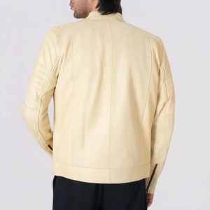 Icon by Gilani <b>Men</b>’s Cream Biker <b>Leather</b> <b>Jacket</b> - Moto Cafe Racer <b>Jacket</b> Cream - Product Image 4