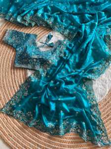 Party Wear Fandy <b>Satin</b> Silk <b>Saree</b> With Embroidery Sequence Work And Multi Borders With Aarco Paired With Fully Stitched Blouse - Product Image 3