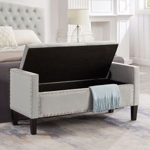 Banco de Almacenamiento Tapizado en Gris con Botones y Adornos de Tachuelas, Acolchado Suave, para Entrada, Sala de Estar o Dormitorio, con Reposabrazos - Product Image 6