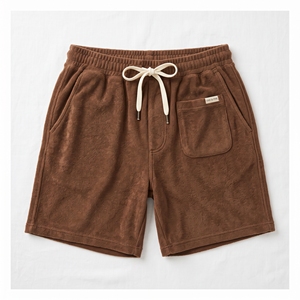 <b>Brown</b> <b>Men's</b> Solid Cotton Terry Mid-Waist <b>Cargo</b> Shorts with Front Logo Drawstring Closure and Pockets for Casual Gym Use - Product Image 1