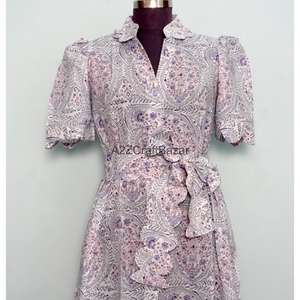 Vestidos Midi Vintage para Mujer, Corte en A, Cuello en V, Cinturón, Manga Corta, 100% Algodón, Estampado Floral Étnico, Transpirable, Cómodo, para Verano - Product Image 4