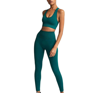 Ensemble de yoga pour femmes, vert uni, haut court dos nageur, leggings mi-taille longueur intégrale, sans couture, séchage rapide, respirant, ensemble 2 pièces - Product Image 5