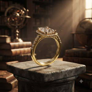 Anillo de compromiso de oro amarillo con diamante de corte ovalado y halo, joyería de boda con acento de diamante redondo brillante y corte radiante - Product Image 1