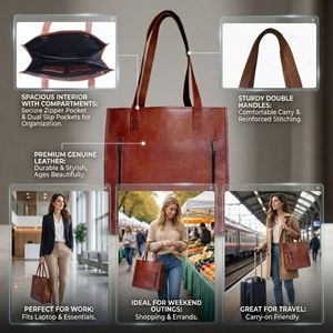 Grand sac fourre-tout en cuir véritable pour femme, sac à bandoulière marron avec fermeture éclair sécurisée pour le travail et l'ordinateur portable - Product Image 3