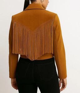 Blazer con flecos marrones para mujer, estilo occidental, cuello vuelto, manga larga, para otoño - Product Image 6