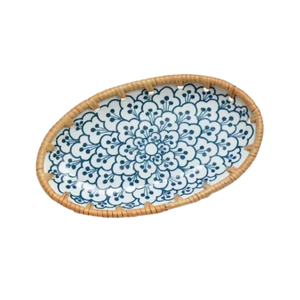 Oval Rattan Woven Ceramic Serving <b>Tray</b> with Blue and White Floral Pattern Decorative Ceramic Fruit Plate with Braided Rattan Rim - Product Image 1