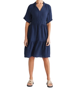 Robe décontractée vintage en lin à manches chauve-souris, coupe trapèze, longueur genou, écologique, respirante, avec ourlet à volants élégant, ajustable, grande taille - Product Image 1