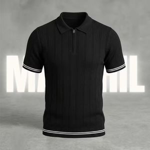 Men's Front Logo Printed Polyester Knitted Zipper <b>Shirt</b> | Cuffed Short Sleeve Striped Casual <b>Summer</b> <b>Shirt</b> | Quick Dry | 4XL | - Product Image 2