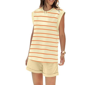 Conjunto de 2 Piezas para Mujer, Shorts y Top sin Mangas, Cuello Redondo, Rojo, Casual, Corte Regular, con Bolsillo, 100% Algodón Satinado, Impermeable, para Todas las Temporadas - Product Image 3