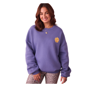 Sweat-shirt tricoté surdimensionné à col en V 100 % coton respirant et doublé pour femme, motif soleil brodé uni, manches régulières - Product Image 1