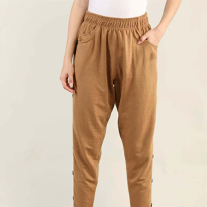 Pantalon Harem Femme Camel Taille Mi-Haute Élastique Tricoté Coupe Ample Longueur Cheville Couleur Unie Décontracté Respirant Style Automne - Product Image 1