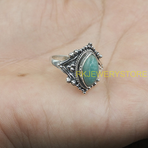 แหวนเงินแท้ 925 วินเทจ ประดับพลอยอะมาโซไนต์ แหวนทำมือสไตล์โบโฮ แหวนประดับพลอยทรงมาร์คีส์ งานฝีมือช่างประดิษฐ์ เหมาะสำหรับเป็นของขวัญ - Product Image 6