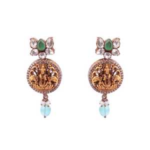 <b>Gold</b> Finish Temple Ganesh Drop Earrings <b>Set</b> With Pearl Danglers Traditional Indian Festive <b>Jewelry</b> - Product Image 3