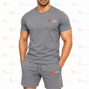 Men's Gray Cotton <b>T</b>-<b>Shirt</b> and Shorts Set Solid <b>Color</b> Front Logo Print Breathable Knitted Summer Casual Wear Men <b>Shirts</b> & Shorts - Product Image 5