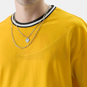 Novedades: Camiseta de manga corta amarilla para hombre, corte oversize, ribete en contraste, cuello redondo, estilo casual, de algodón, venta al por mayor - Product Image 4