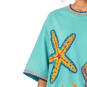 เสื้อยืดโอเวอร์ไซส์ลายกราฟิกสีฟ้าครามสำหรับผู้หญิง พิมพ์ลายมหาสมุทรสีสันสดใส เสื้อผ้าลำลองสไตล์สตรีทแวร์ ผ้าฝ้าย ใส่สบายสำหรับฤดูร้อน ทรงหลวม รับผลิตตามสั่ง (OEM) ขายส่ง - Product Image 3