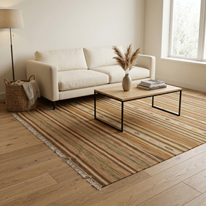Tapis tissé à la main beige et marron à rayures, avec motifs géométriques et franges - Product Image 3