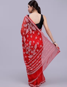 KV Hand Embroidered Lucknowi Chikankari <b>Red</b> Georgette Saree With Unstitched <b>Blouse</b> - Product Image 3