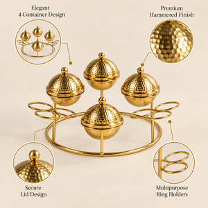 Ensemble de service à condiments en acier inoxydable martelé doré, 4 bols à couvercles, support métallique, porte-fruits secs et en-cas, vaisselle élégante pour table à manger - Product Image 5