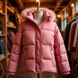 Veste matelassée rose avec capuche à bordure en fourrure, fermeture éclair sur toute la longueur des manches, coupe-vent d'hiver, rembourrage épais en polyester, manteau pour femme - Product Image 1