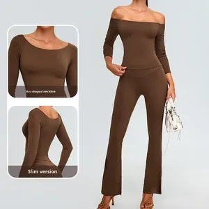 Nouvel ensemble de yoga 2 pièces pour femme, automne-hiver, asymétrique, coupe ajustée, manches longues, couleur unie, antibactérien, avec pantalon large légèrement évasé - Product Image 2