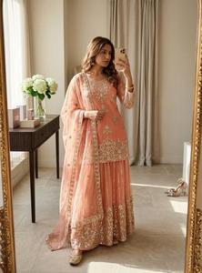 Organza Twill Net <b>Sequin</b> Kurta <b>Flared</b> Sharara Pants Embroidered Dupatta Stitched Women Three Piece Festive Salwar Suit Set - Product Image 3